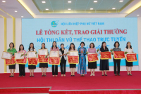 Chủ tịch Hội LHPN tỉnh Trần Thị Thanh Hà (đứng thứ  6 bên phải sang) nhận cờ và bằng khen giải Ba Hội thi dân vũ thể thao trực tuyến "Vũ điệu khỏe, đep"